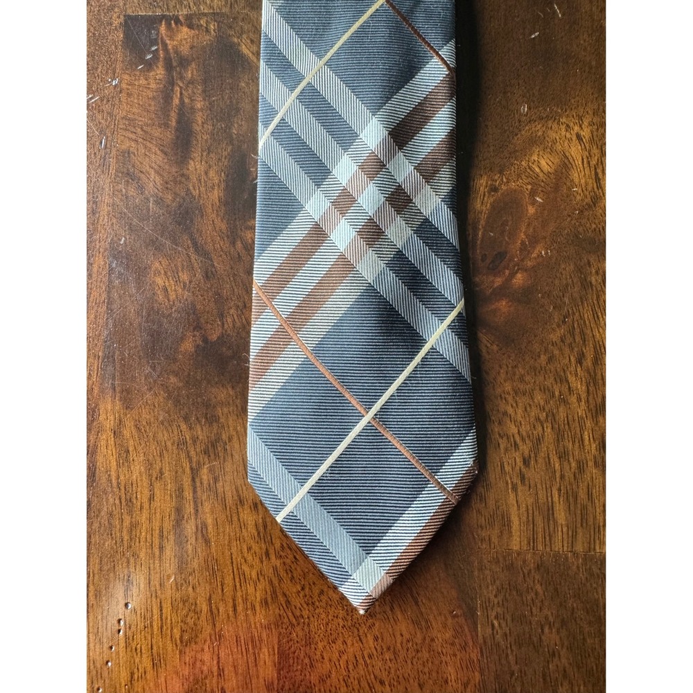 Geoffrey Beene Mens Grey Brown Plaid 100% Silk Necktie Classic Formal Tie